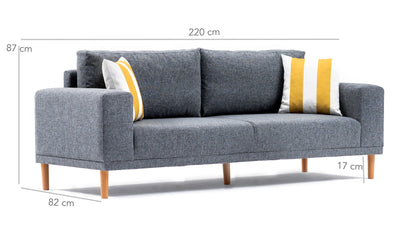 Divano living 3 posti moderno rivestito in tessuto grigio cm 220x82x87h