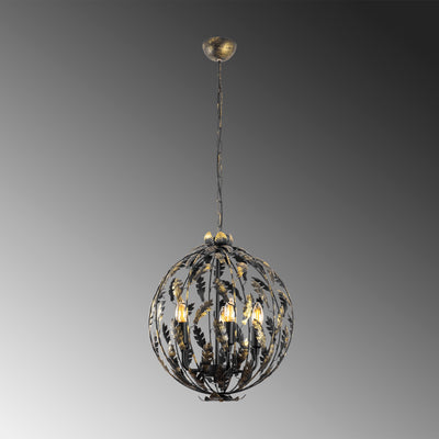 Lampadario regolabile in metallo 5 luci paralume tondo con foglie nero e oro cm 41x156h