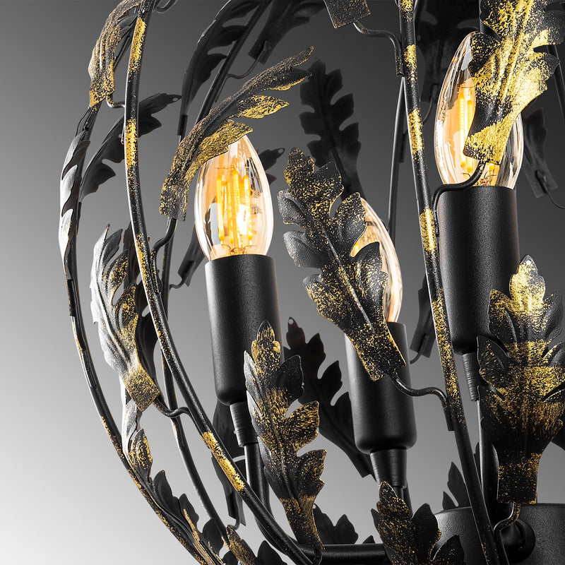 Lampadario regolabile in metallo 5 luci paralume tondo con foglie nero e oro cm 41x156h