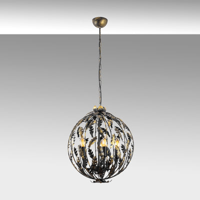 lampadario 5 luci a sospensione regolabile paralume tondo con foglie in metallo nero e tocchi di oro