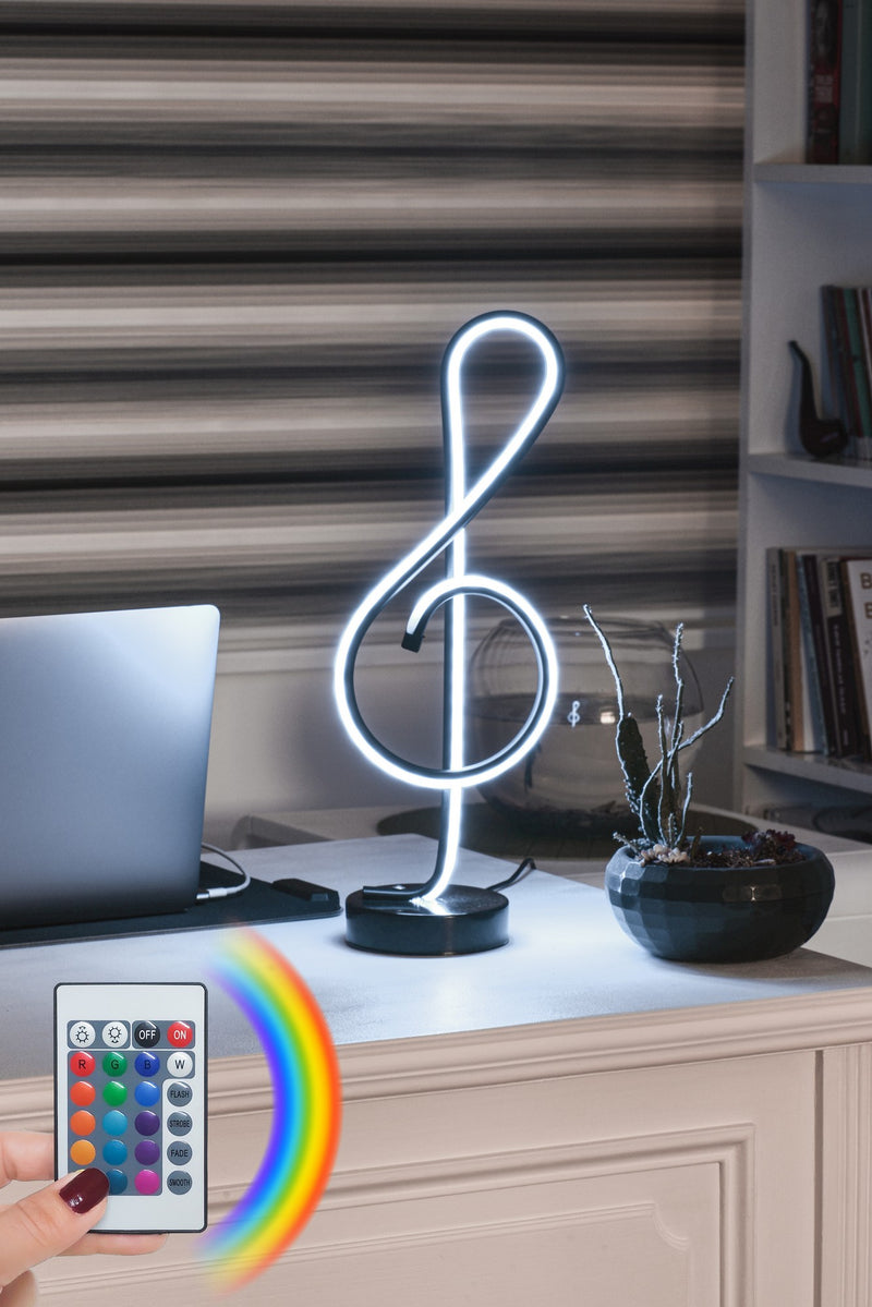 Lampada da tavolo a led multicolore chiave musicale in alluminio nero cm 16x12x47h