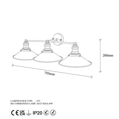 Applique 3 luci da parete stile industriale in metallo nero cm 75x27x20h