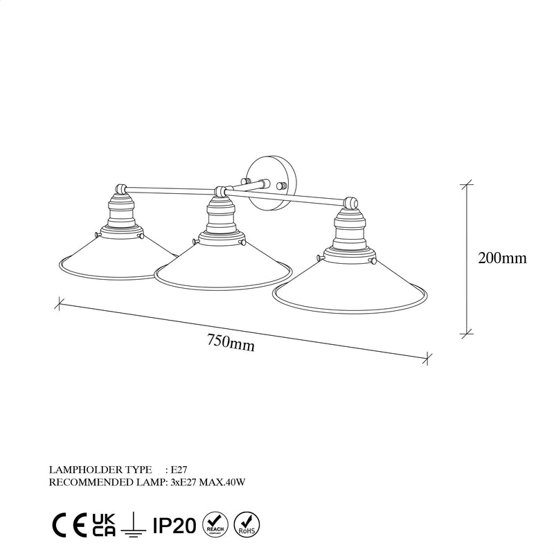 Applique 3 luci da parete stile industriale in metallo nero cm 75x27x20h