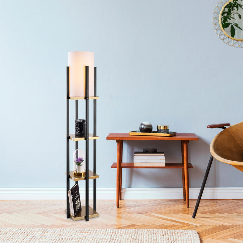 lampada da terra moderna con piccola libreria in metallo nero con ripiani dorati paralume in tessuto bianco