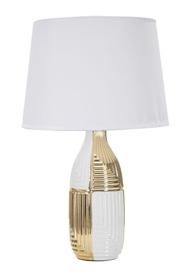 lampada moderna da tavolo con base in ceramica oro e bianco paralume in tessuto