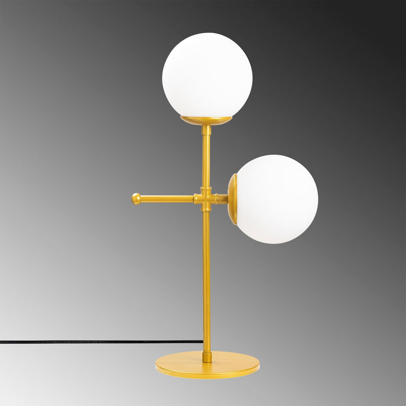 Lampada da tavolo elegante colore oro 2 paralumi a sfera in vetro cm 30x15x55h