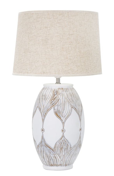 lampada moderna da salotto base in resina colore bianco paralume in tessuto