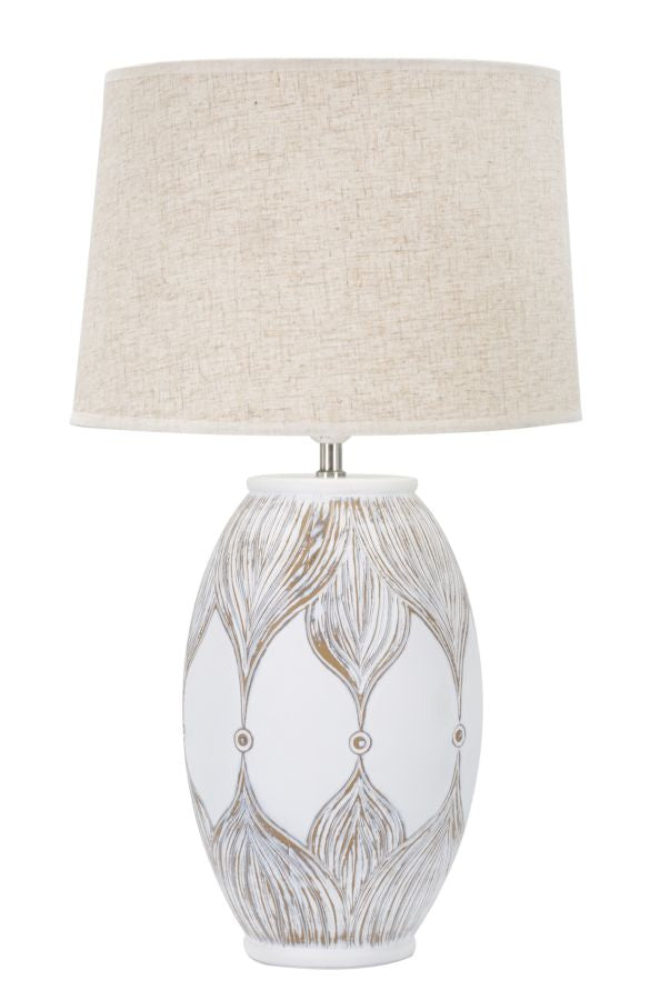 lampada moderna da salotto base in resina colore bianco paralume in tessuto
