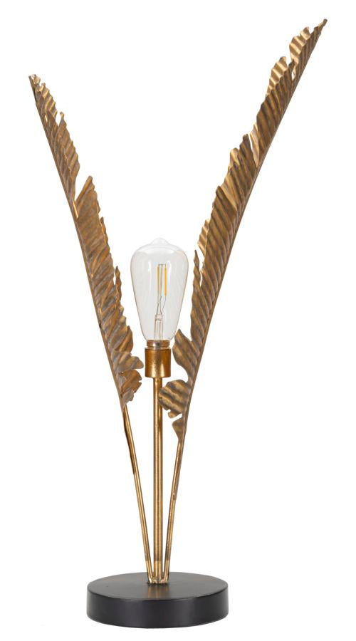 lampada moderna da tavolo in metallo con foglie di palma colore oro anticato lampadina a vista