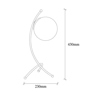 Lampada da tavolo minimal in metallo nero paralume a sfera in vetro cm 23x18x43h