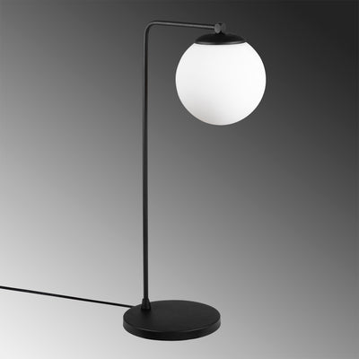 Lampada da tavolo moderna in metallo nero con sfera in vetro bianco cm 28x15x55h