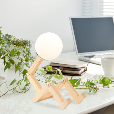 lampada da tavolo moderna in legno modello manichino regolabile paralume tondo in vetro bianco