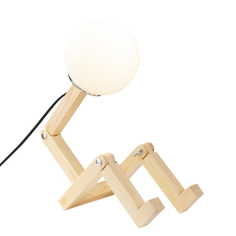 Lampada da tavolo in legno paralume in vetro bianco modello manichino cm 15x17x56h