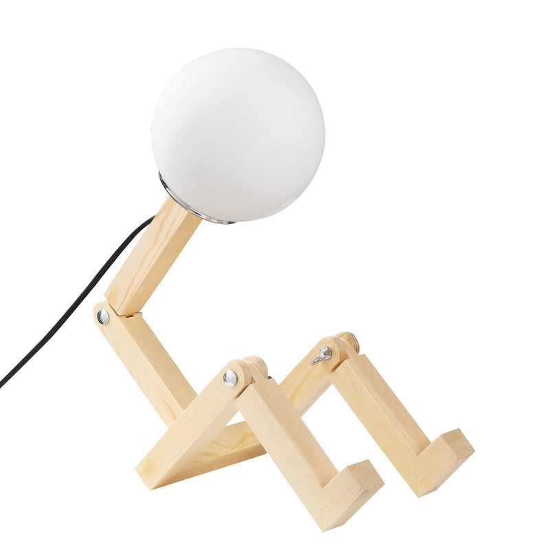 Lampada da tavolo in legno paralume in vetro bianco modello manichino cm 15x17x56h