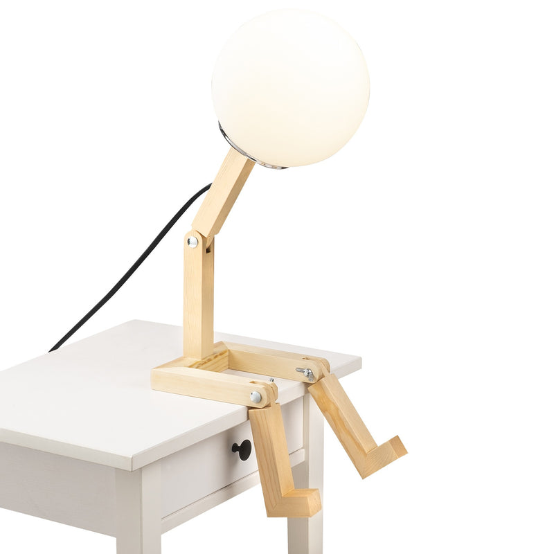 Lampada da tavolo in legno paralume in vetro bianco modello manichino cm 15x17x56h