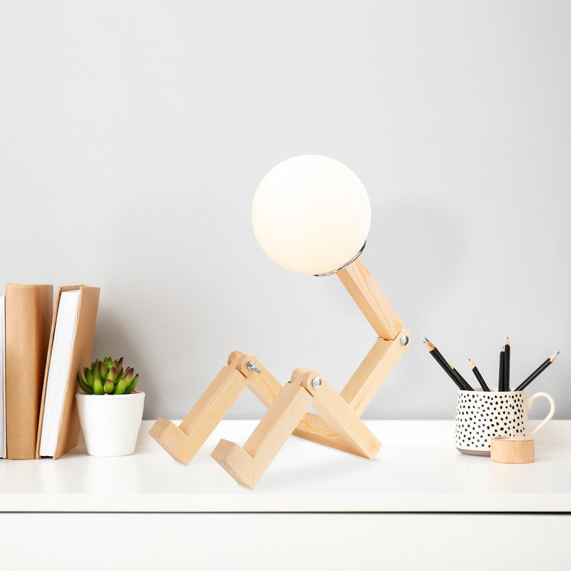 Lampada da tavolo in legno paralume in vetro bianco modello manichino cm 15x17x56h
