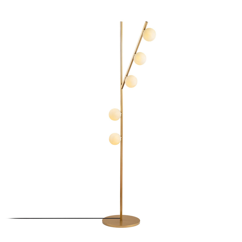 Piantana design in metallo dorato 5 paralumi a sfera in vetro bianco cm 52x31x167h