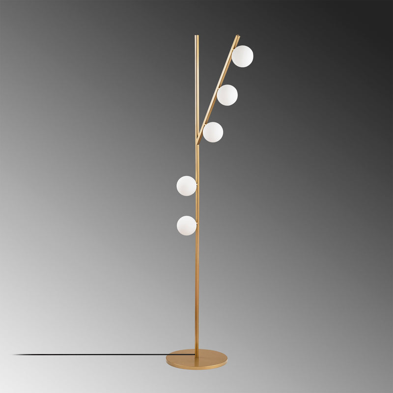 Piantana design in metallo dorato 5 paralumi a sfera in vetro bianco cm 52x31x167h