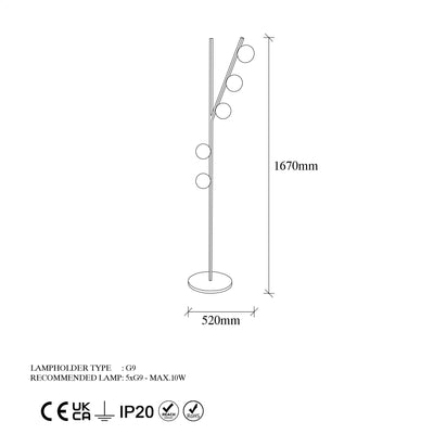 Piantana design in metallo dorato 5 paralumi a sfera in vetro bianco cm 52x31x167h