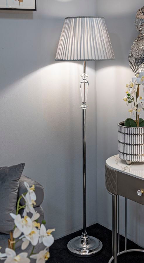 Lampada da terra piantana in metallo cromato vetro e paralume plissettato cm 40x164h