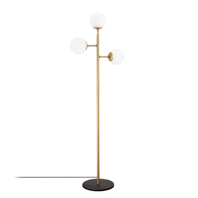 lampada moderna da pavimento struttura in metallo dorato 3 paralumi a sfera in vetro bianco