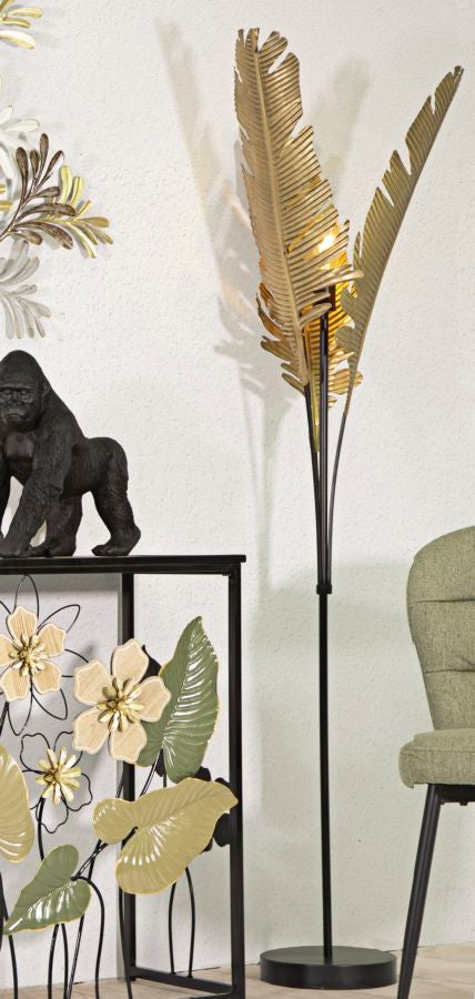 Lampada da terra con foglie di palma in metallo oro anticato cm 26x174h