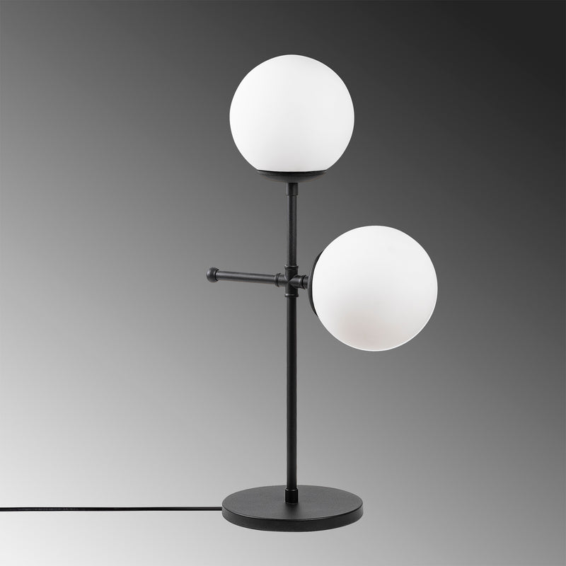 Lampada abat jour alta in metallo nero 2 paralumi in vetro bianco cm 30x15x55h