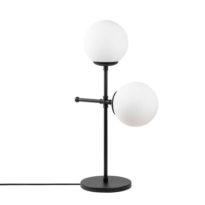 lampada da comodino tavolo struttura ad incrocio in metallo nero con 2 paralumi a sfera in vetro bianco