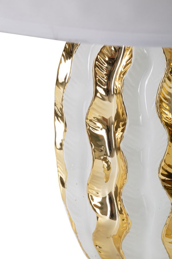 Lampada da camera in ceramica bianco e oro paralume in tessuto bianco cm 33x48h