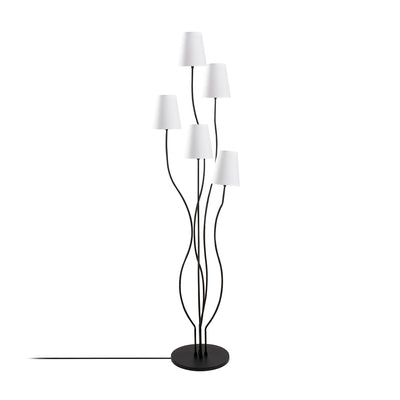 Piantana moderna in metallo colore nero 5 paralumi in tessuto bianco cm 44x44x160h