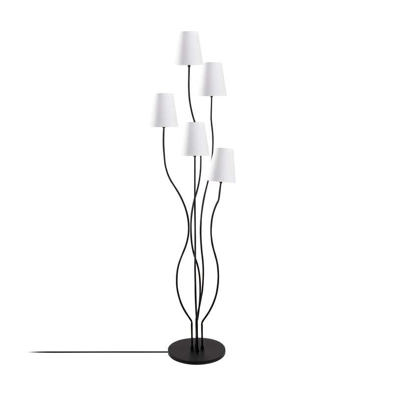 Piantana moderna in metallo colore nero 5 paralumi in tessuto bianco cm 44x44x160h