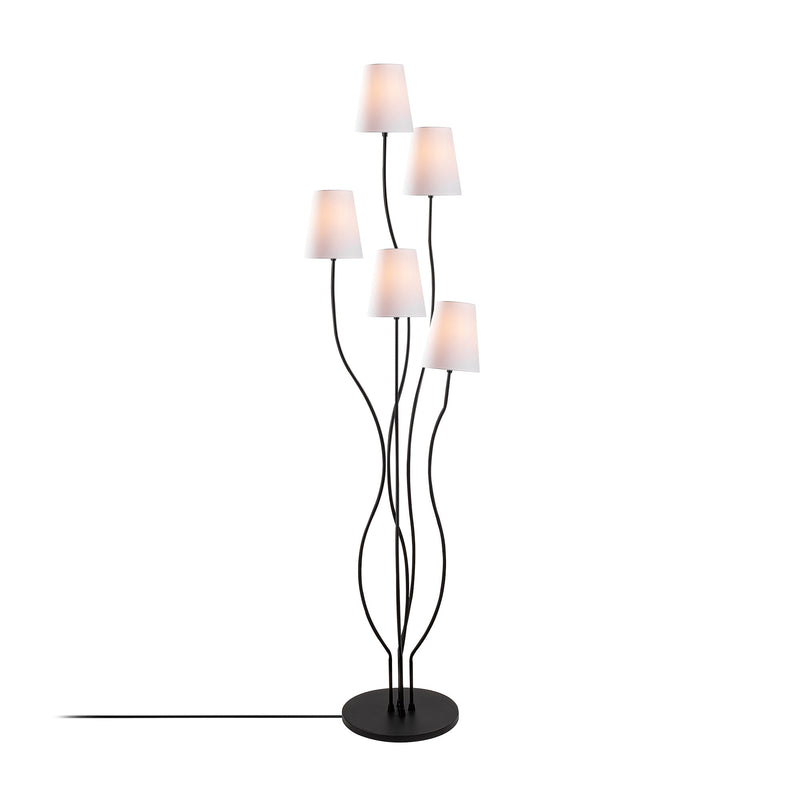 Piantana moderna in metallo colore nero 5 paralumi in tessuto bianco cm 44x44x160h