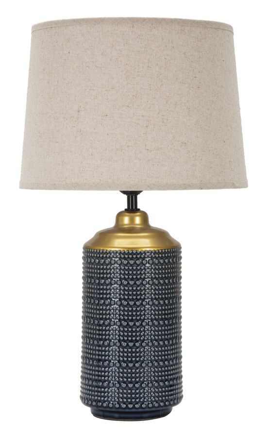 lampada moderna da tavolo base in ceramica nero e oro paralume in tessuto beige