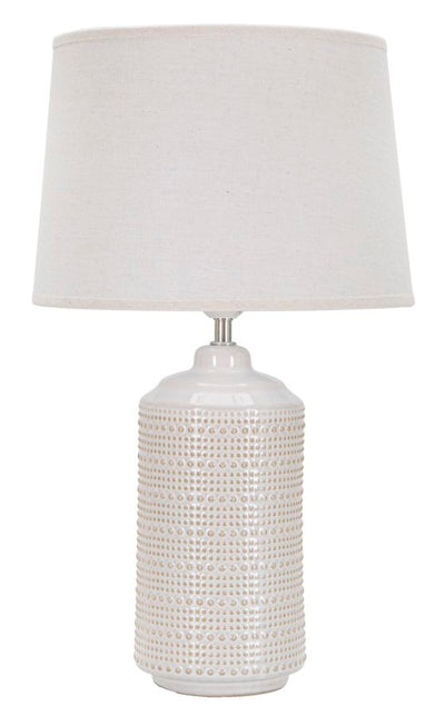 lampada da tavolo moderna base tonda in ceramica paralume in tessuto colore bianco