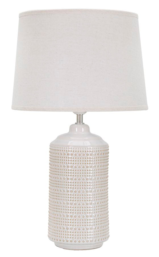 lampada da tavolo moderna base tonda in ceramica paralume in tessuto colore bianco