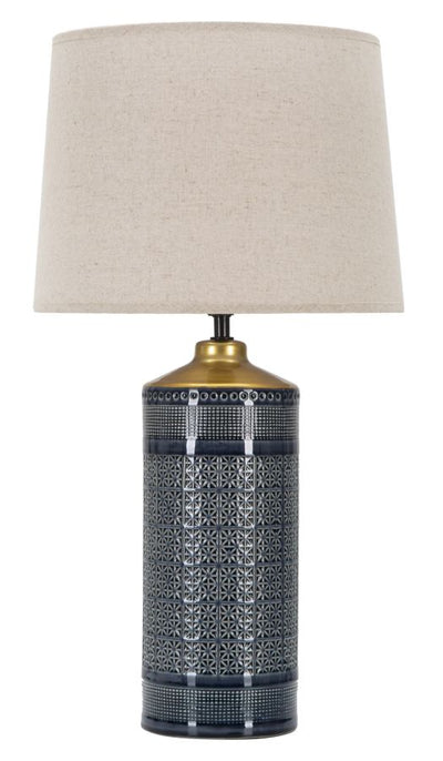 lampada da tavolo base in ceramica lavorata colore nero e oro paralume in tessuto beige
