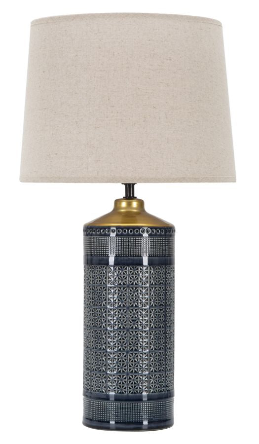 lampada da tavolo base in ceramica lavorata colore nero e oro paralume in tessuto beige