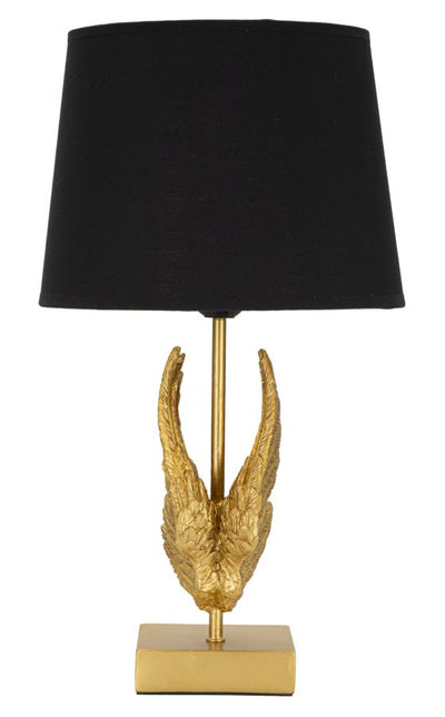 Lampada moderna da tavolo dorata con ali e paralume nero cm 25x45h
