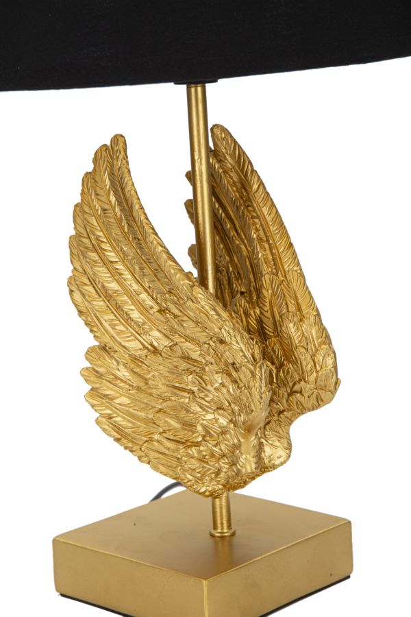 Lampada moderna da tavolo dorata con ali e paralume nero cm 25x45h