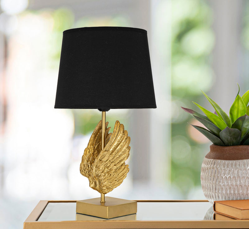 Lampada moderna da tavolo dorata con ali e paralume nero cm 25x45h
