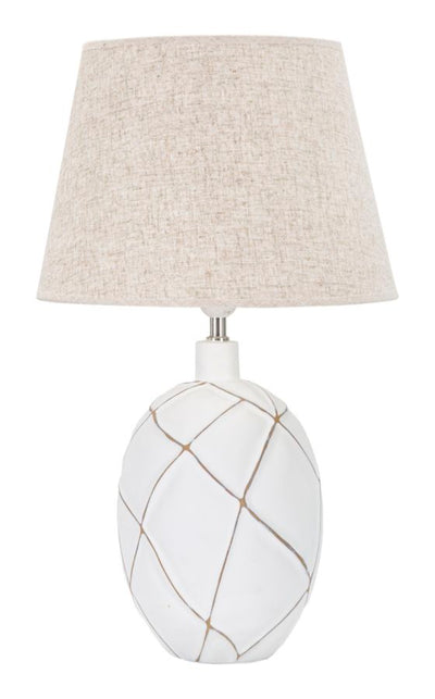 lampada design moderno con base in resina bianca e paralume in tessuto