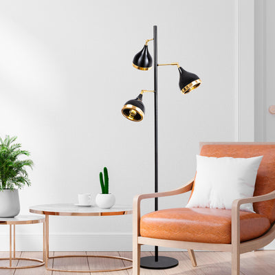 Lampada da terra moderna 3 paralumi orientabili in metallo nero e oro cm 52x163h