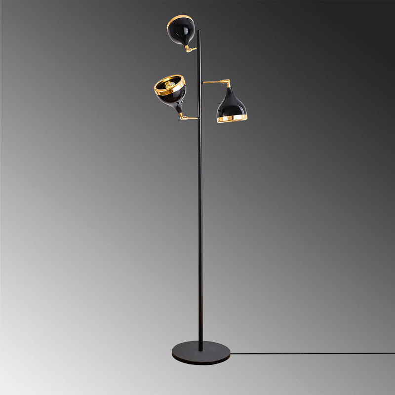 Lampada da terra moderna 3 paralumi orientabili in metallo nero e oro cm 52x163h