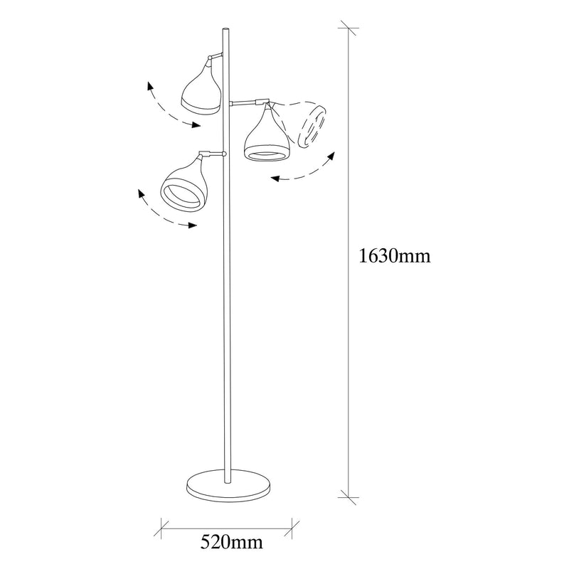 Lampada da terra moderna 3 paralumi orientabili in metallo nero e oro cm 52x163h