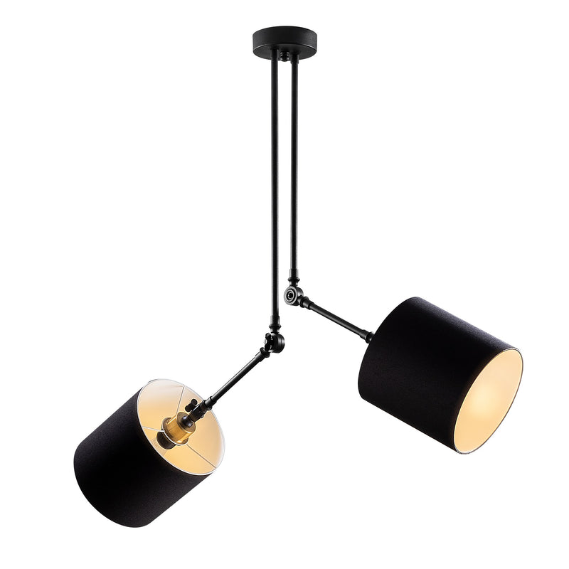 lampadario moderno da soggiorno 2 bracci regolabili in metallo nero paralumi cilindrici in tessuto nero