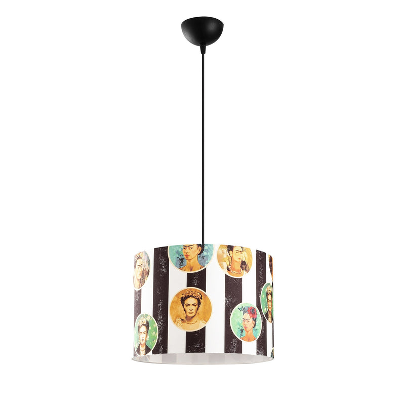 lampadario a sospensione moderno paralume in tessuto fantasia con volti pittrice Frida