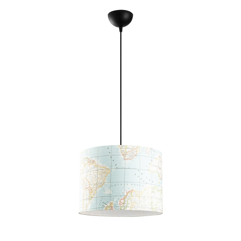 lampadario a sospensione moderno con paralume in tessuto con fantasia mappamondo