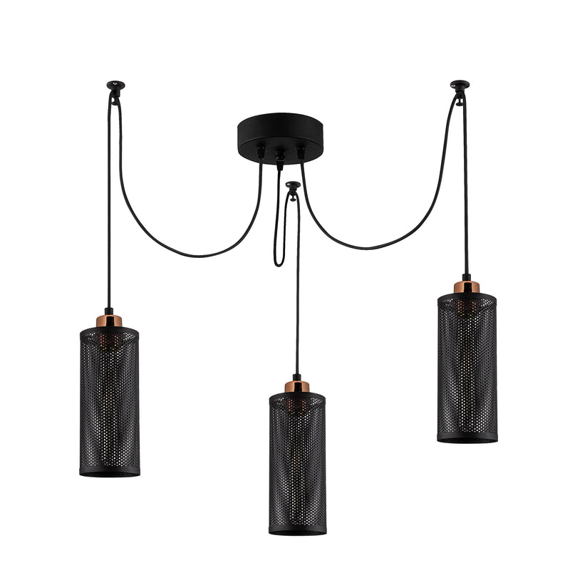 Lampadario stile industriale 3 luci in metallo nero cm 100x10x114h