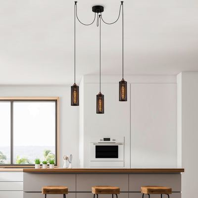Lampadario stile industriale 3 luci in metallo nero cm 100x10x114h