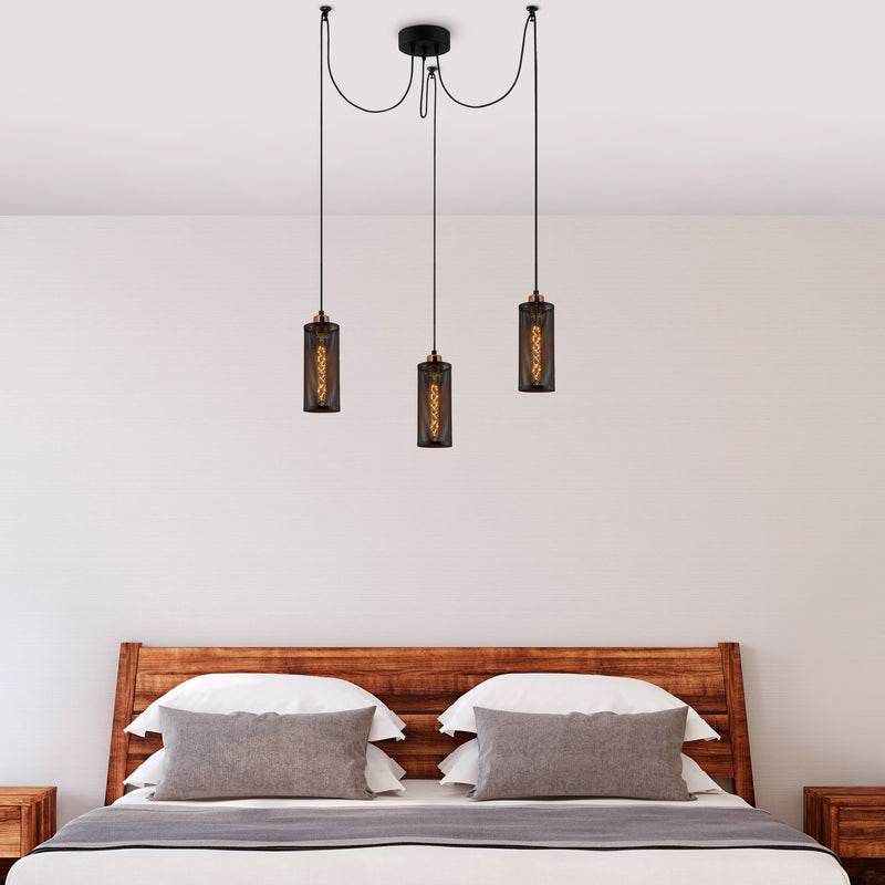 Lampadario stile industriale 3 luci in metallo nero cm 100x10x114h